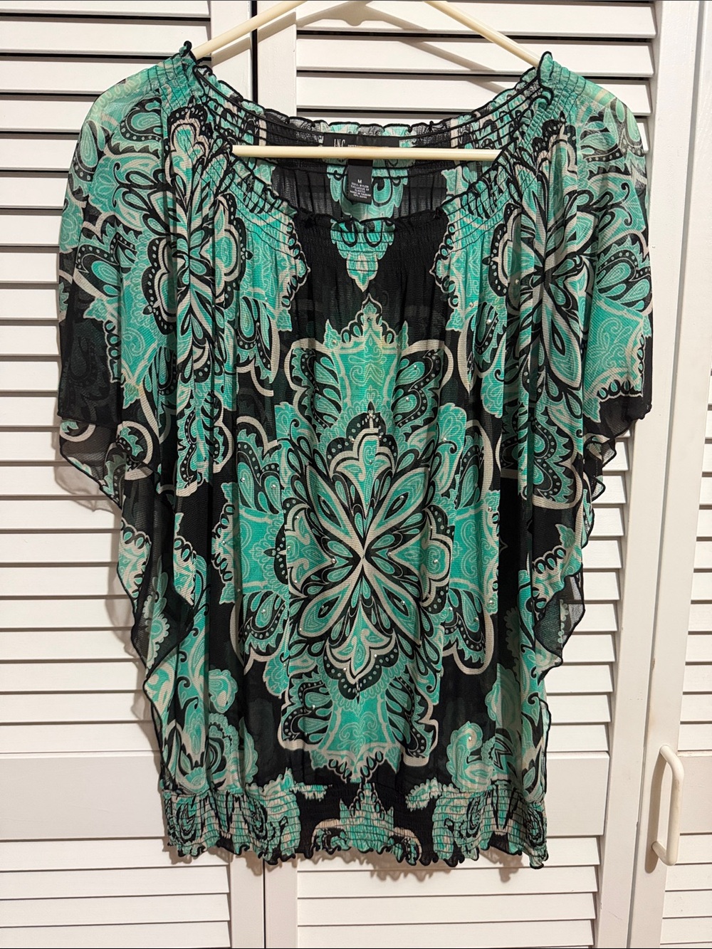 INC Women’s M Black & Teal Boho Floral Peasant Sheer Blouse